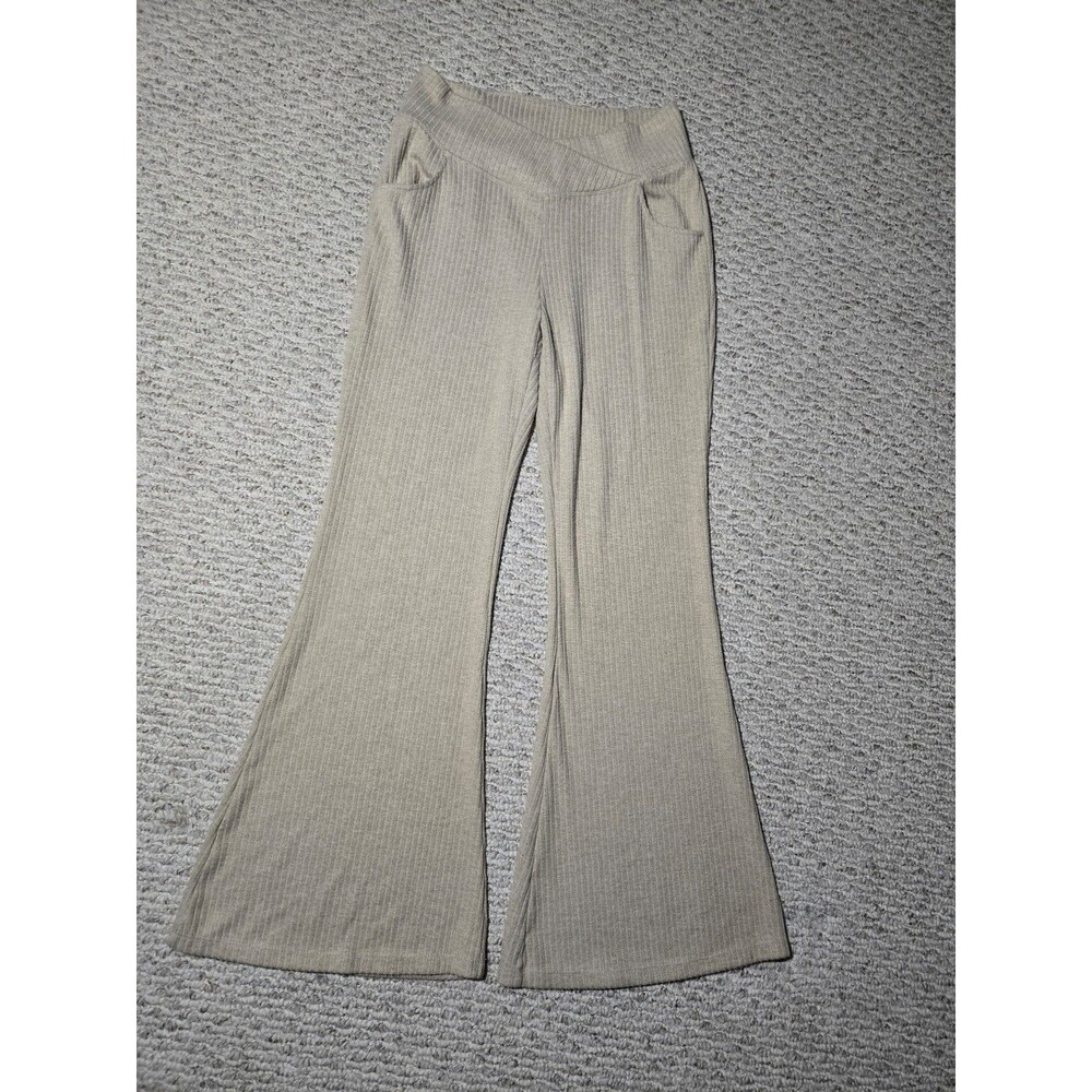 Halara Ribbed Knit Crossover High Waisted Pocket Casual Flare Pants Khaki Large